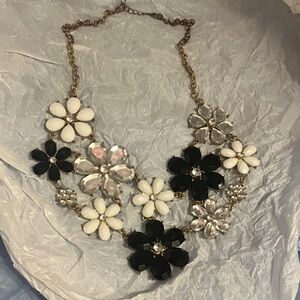 Elegant Floral Statement Necklace - Black, White, Silver
